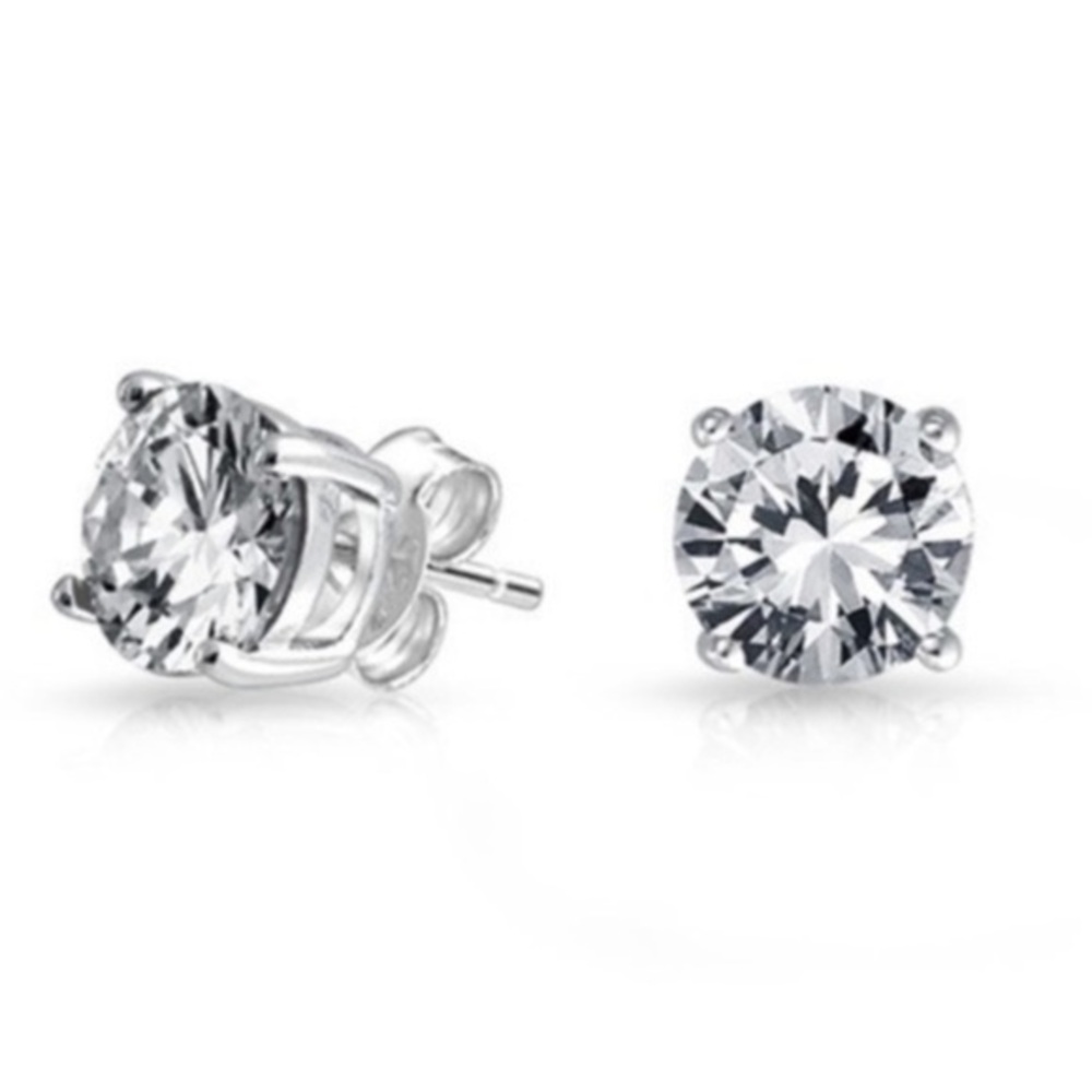 14K White Gold Plated Solitaire Round CZ Sleeper Studs Earrings Unisex Pierced